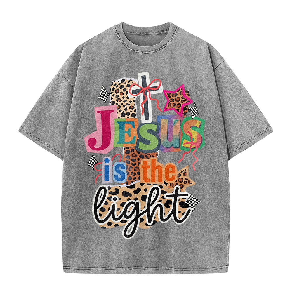 Christianartworkshop Jesus Is The Light Leopard Cross Bow Star Graphic Washed Unisex T-Shirt - image 5