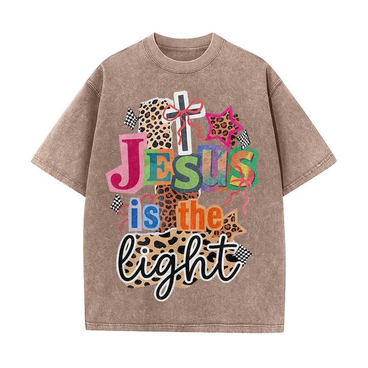 Christianartworkshop Jesus Is The Light Leopard Cross Bow Star Graphic Washed Unisex T-Shirt - image 14
