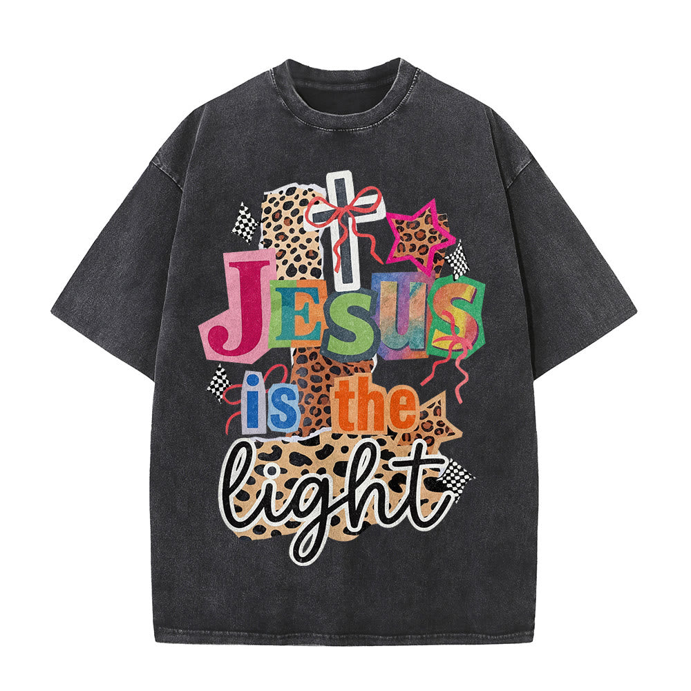 Christianartworkshop Jesus Is The Light Leopard Cross Bow Star Graphic Washed Unisex T-Shirt - image 2