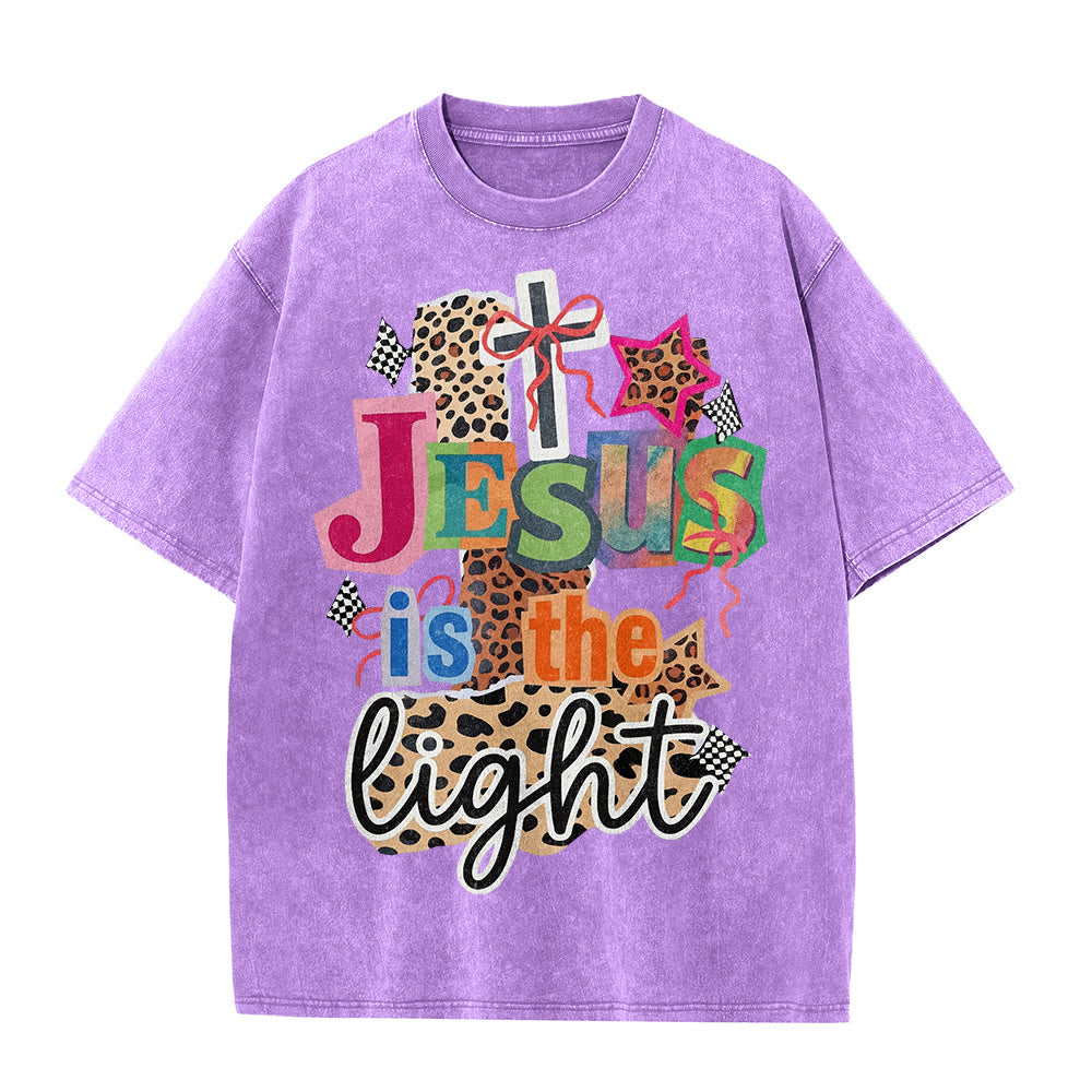Christianartworkshop Jesus Is The Light Leopard Cross Bow Star Graphic Washed Unisex T-Shirt - image 23