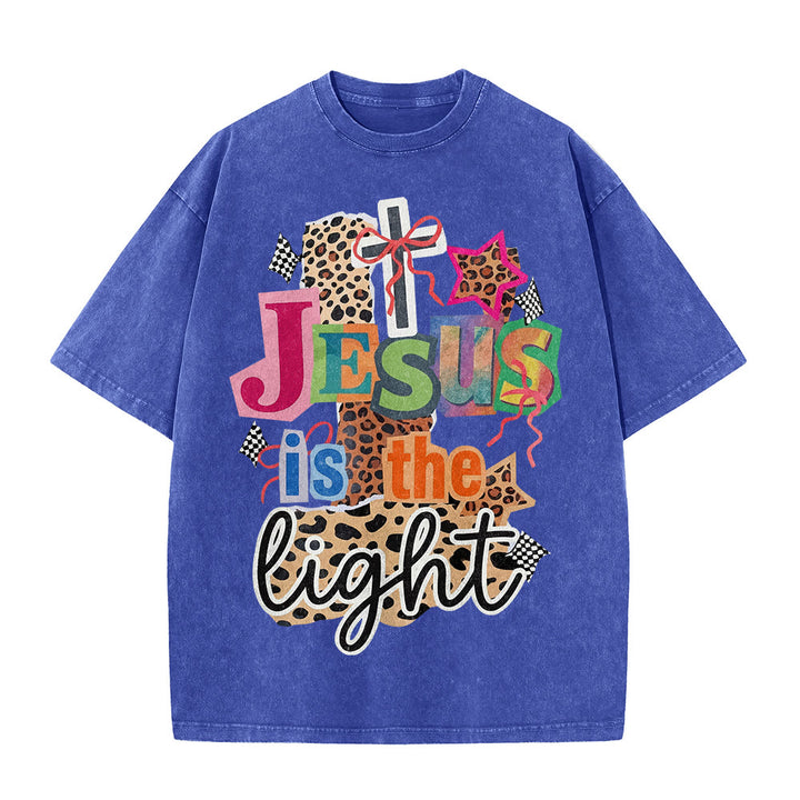 Christianartworkshop Jesus Is The Light Leopard Cross Bow Star Graphic Washed Unisex T-Shirt - image 26