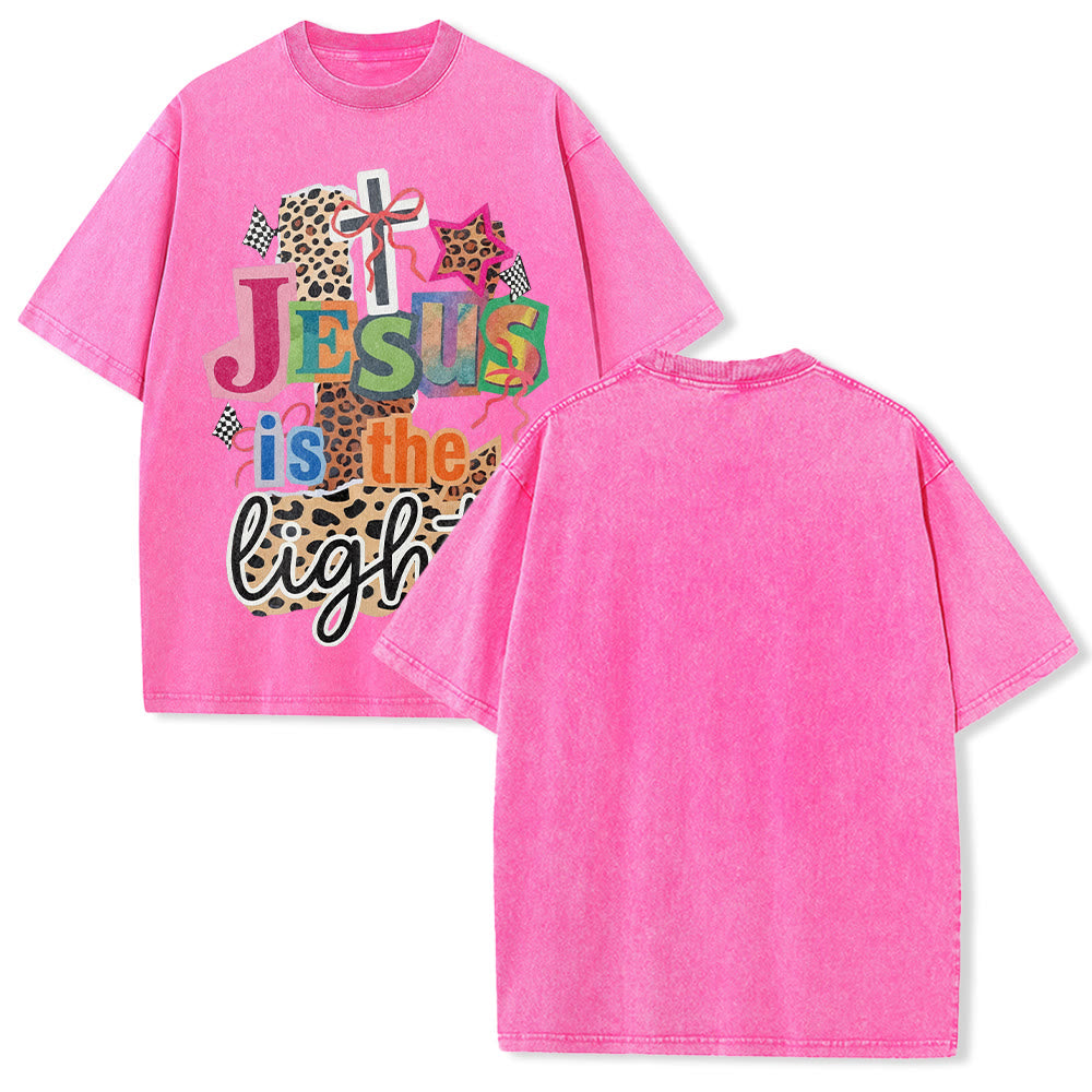 Christianartworkshop Jesus Is The Light Leopard Cross Bow Star Graphic Washed Unisex T-Shirt - Pink - 5XL - image 19
