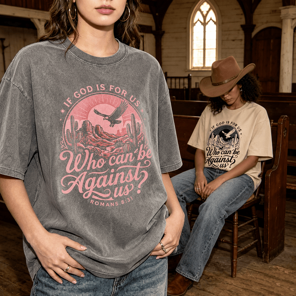 Christianartworkshop If God Is For Us Desert Eagle Cactus Romans 8:31 Western Faith Washed Unisex T-Shirt - image 0