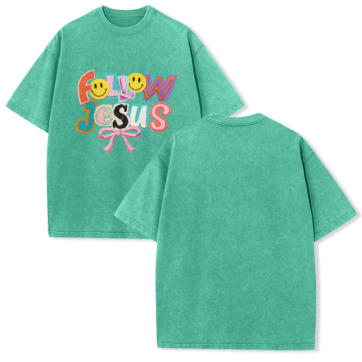 Christianartworkshop Follow Jesus Smile Bow Color Block Letter Washed Unisex T-Shirt - Green - 5XL - image 10