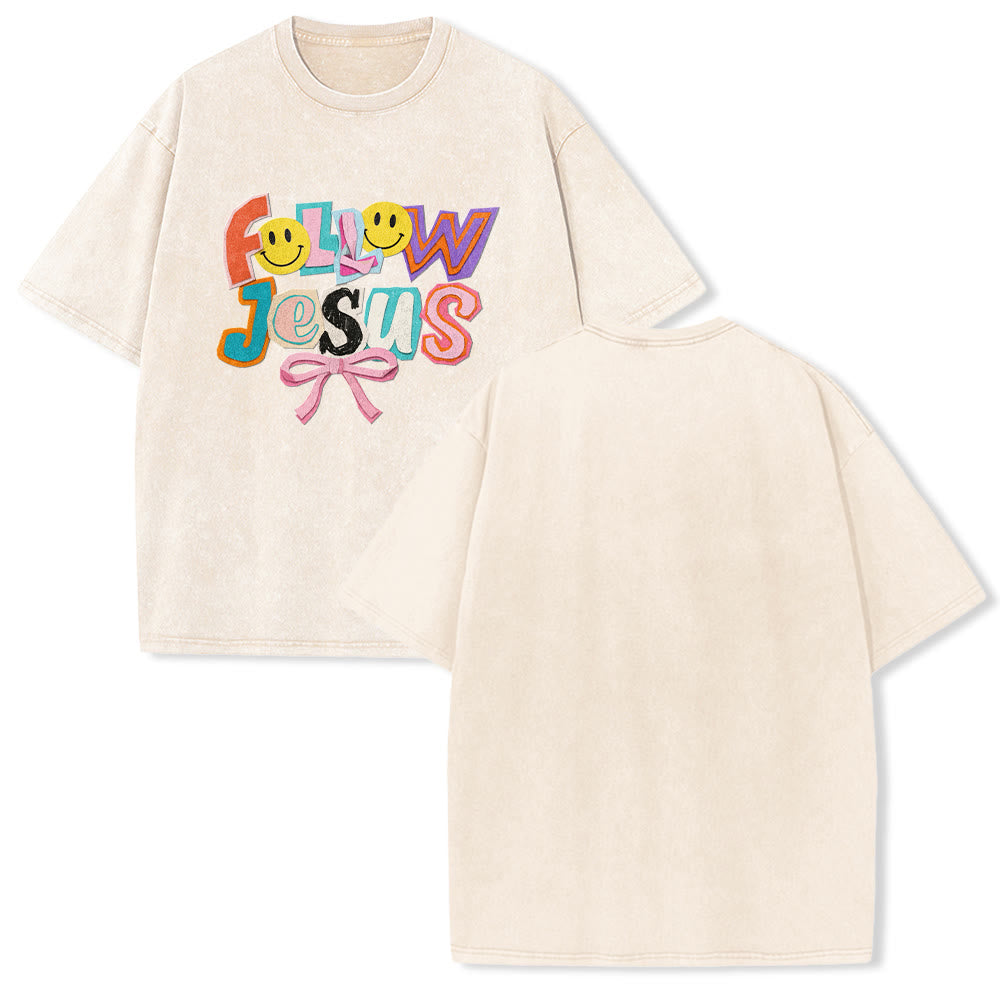 Christianartworkshop Follow Jesus Smile Bow Color Block Letter Washed Unisex T-Shirt - Beige - 5XL - image 16