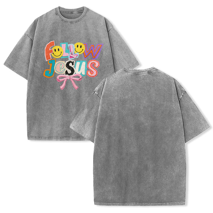 Christianartworkshop Follow Jesus Smile Bow Color Block Letter Washed Unisex T-Shirt - Grey - 5XL - image 4
