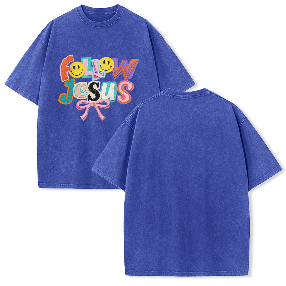 Christianartworkshop Follow Jesus Smile Bow Color Block Letter Washed Unisex T-Shirt - Blue - 5XL - image 25