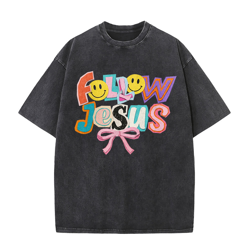 Christianartworkshop Follow Jesus Smile Bow Color Block Letter Washed Unisex T-Shirt - image 2