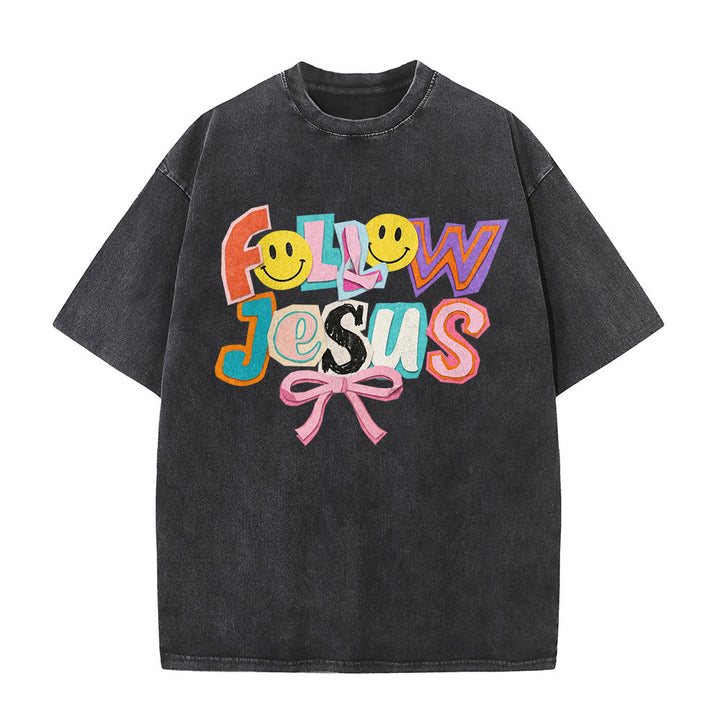 Christianartworkshop Follow Jesus Smile Bow Color Block Letter Washed Unisex T-Shirt - image 2