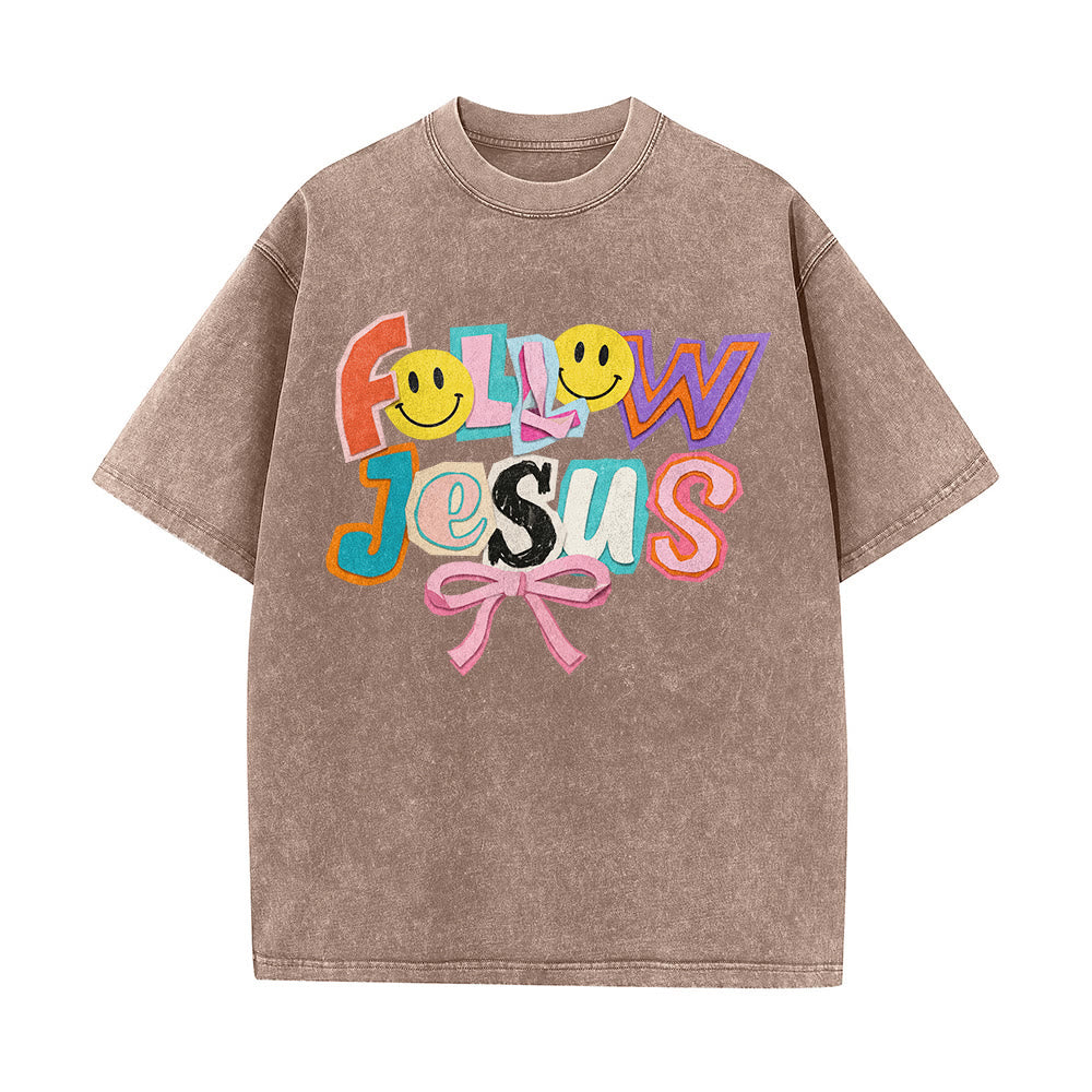 Christianartworkshop Follow Jesus Smile Bow Color Block Letter Washed Unisex T-Shirt - image 14