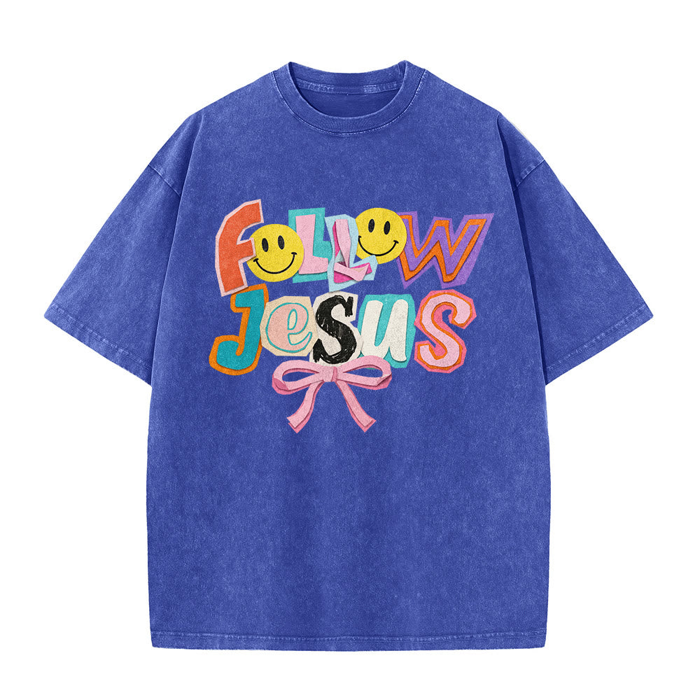 Christianartworkshop Follow Jesus Smile Bow Color Block Letter Washed Unisex T-Shirt - image 26
