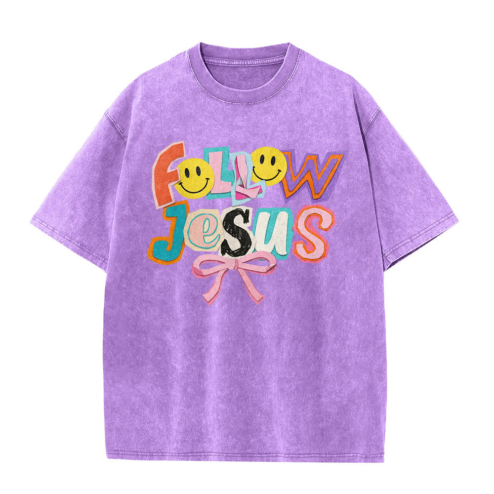 Christianartworkshop Follow Jesus Smile Bow Color Block Letter Washed Unisex T-Shirt - image 23