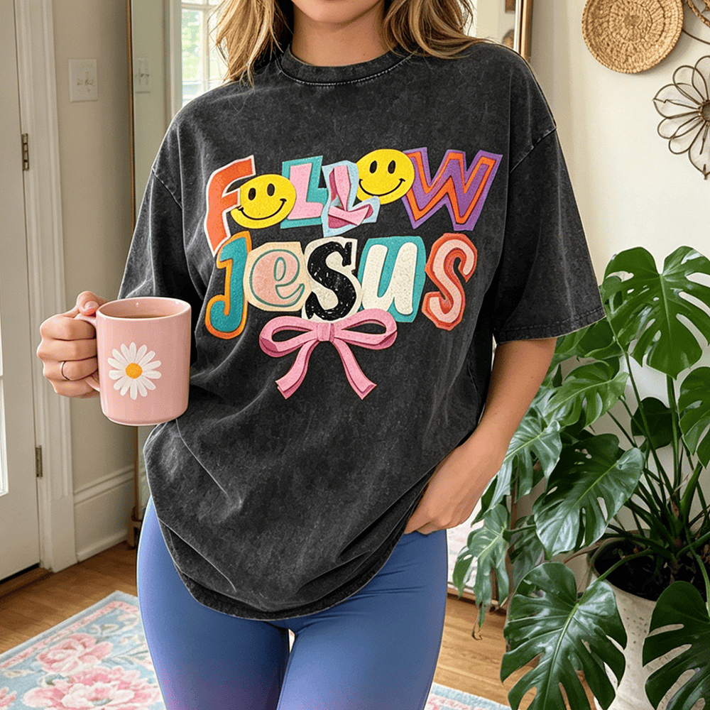 Christianartworkshop Follow Jesus Smile Bow Color Block Letter Washed Unisex T-Shirt - image 0