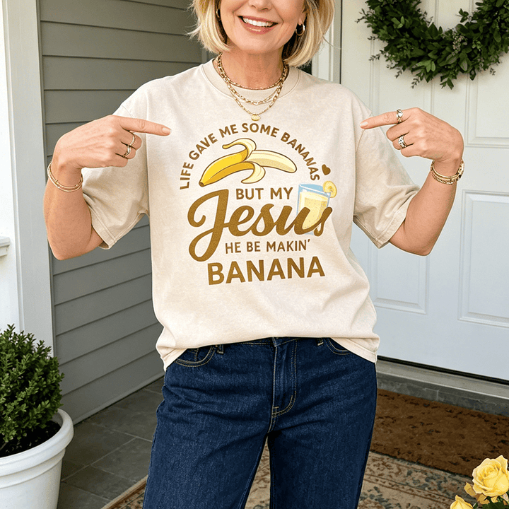 Christianartworkshop Life Gave Me Bananas But My Jesus Makes Banana Drink Graphic Washed Unisex T-Shirt - image 0