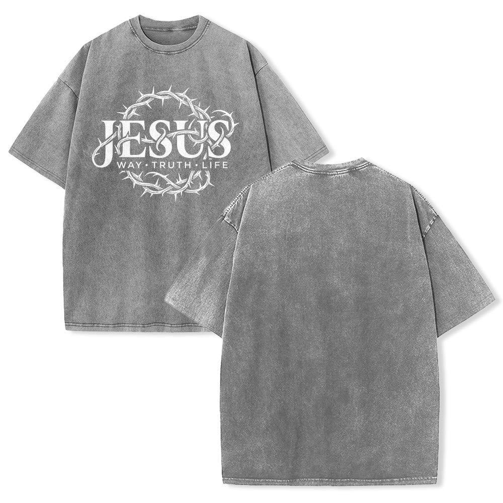 Christianartworkshop Jesus Way Truth Life Crown Of Thorns Circular Graphic Washed Unisex T-Shirt - Grey - 5XL - image 4
