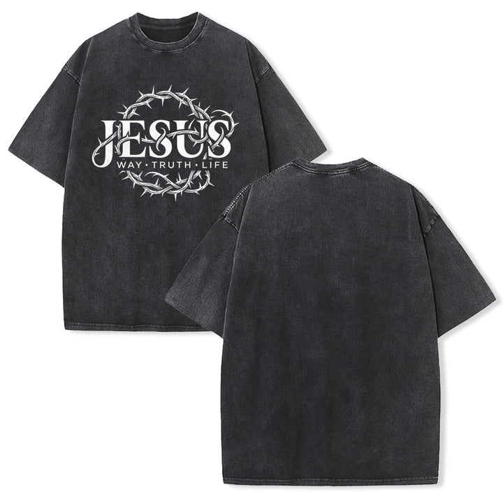 Christianartworkshop Jesus Way Truth Life Crown Of Thorns Circular Graphic Washed Unisex T-Shirt - Black - 5XL - image 1