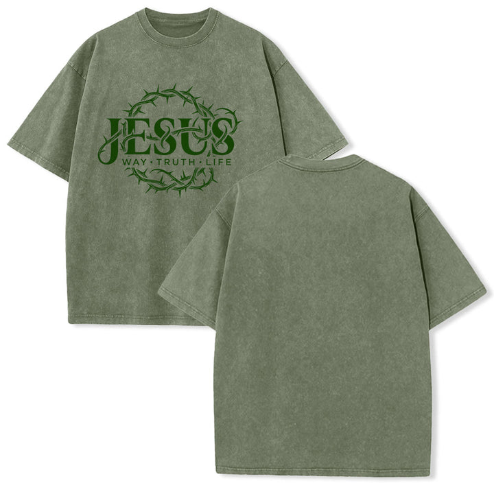 Christianartworkshop Jesus Way Truth Life Crown Of Thorns Circular Graphic Washed Unisex T-Shirt - Army Green - 5XL - image 7