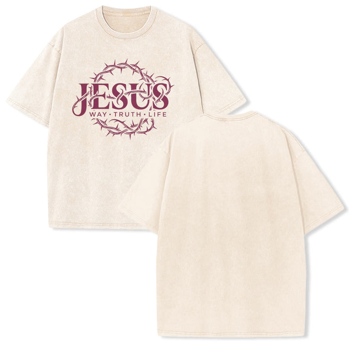 Christianartworkshop Jesus Way Truth Life Crown Of Thorns Circular Graphic Washed Unisex T-Shirt - Beige - 5XL - image 16