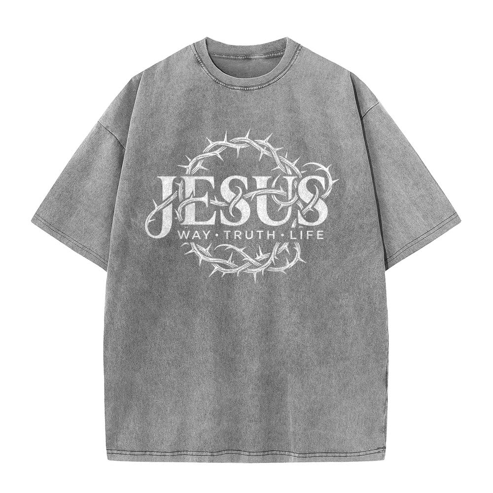 Christianartworkshop Jesus Way Truth Life Crown Of Thorns Circular Graphic Washed Unisex T-Shirt - image 5