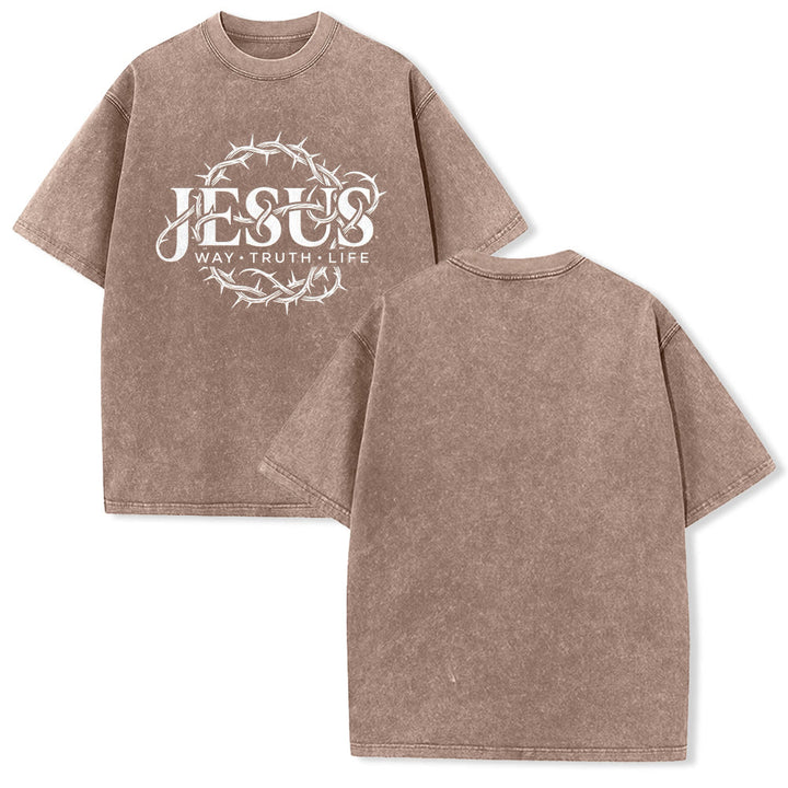 Christianartworkshop Jesus Way Truth Life Crown Of Thorns Circular Graphic Washed Unisex T-Shirt - Brown - 5XL - image 13