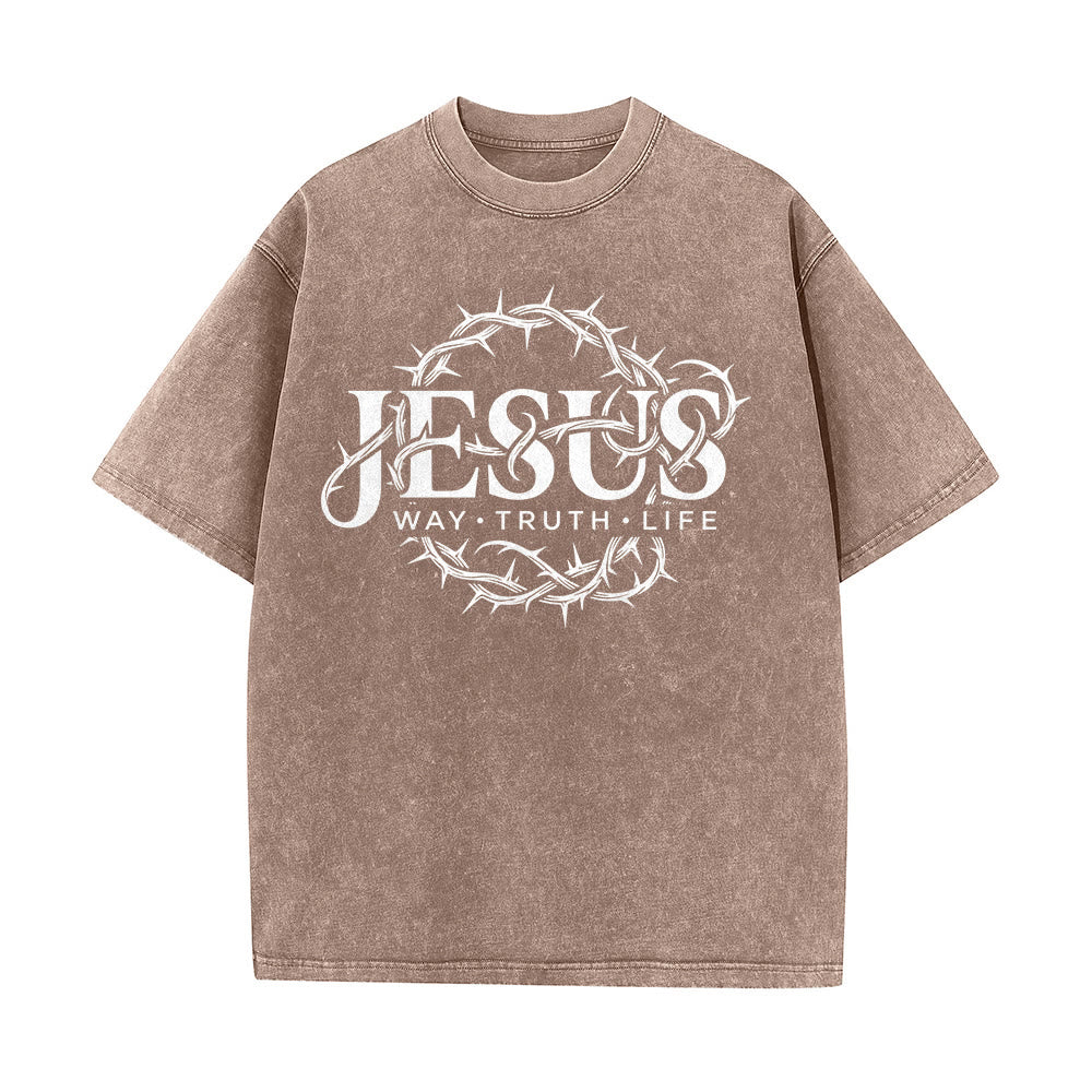 Christianartworkshop Jesus Way Truth Life Crown Of Thorns Circular Graphic Washed Unisex T-Shirt - image 14