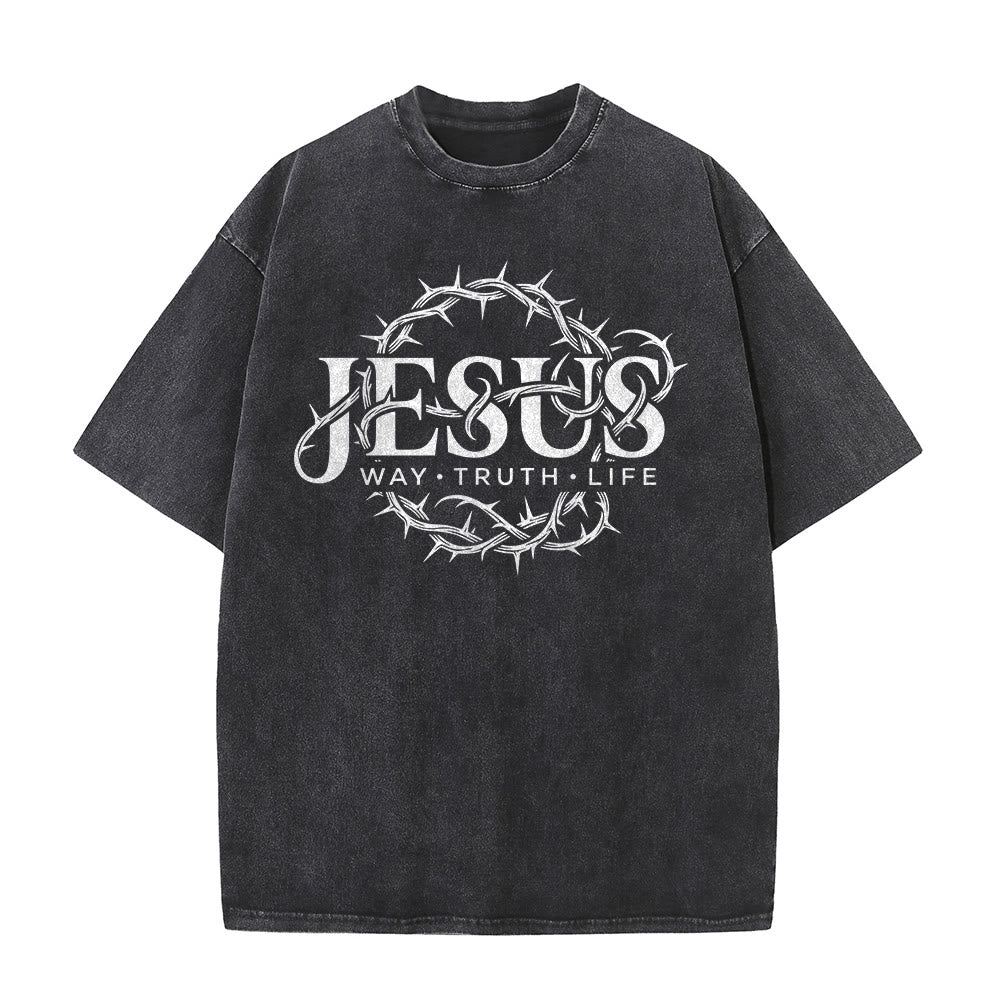 Christianartworkshop Jesus Way Truth Life Crown Of Thorns Circular Graphic Washed Unisex T-Shirt - image 2