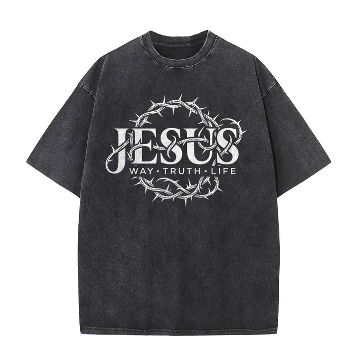 Christianartworkshop Jesus Way Truth Life Crown Of Thorns Circular Graphic Washed Unisex T-Shirt - image 2