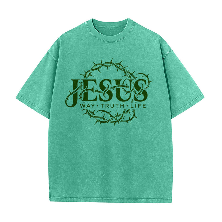 Christianartworkshop Jesus Way Truth Life Crown Of Thorns Circular Graphic Washed Unisex T-Shirt - image 11
