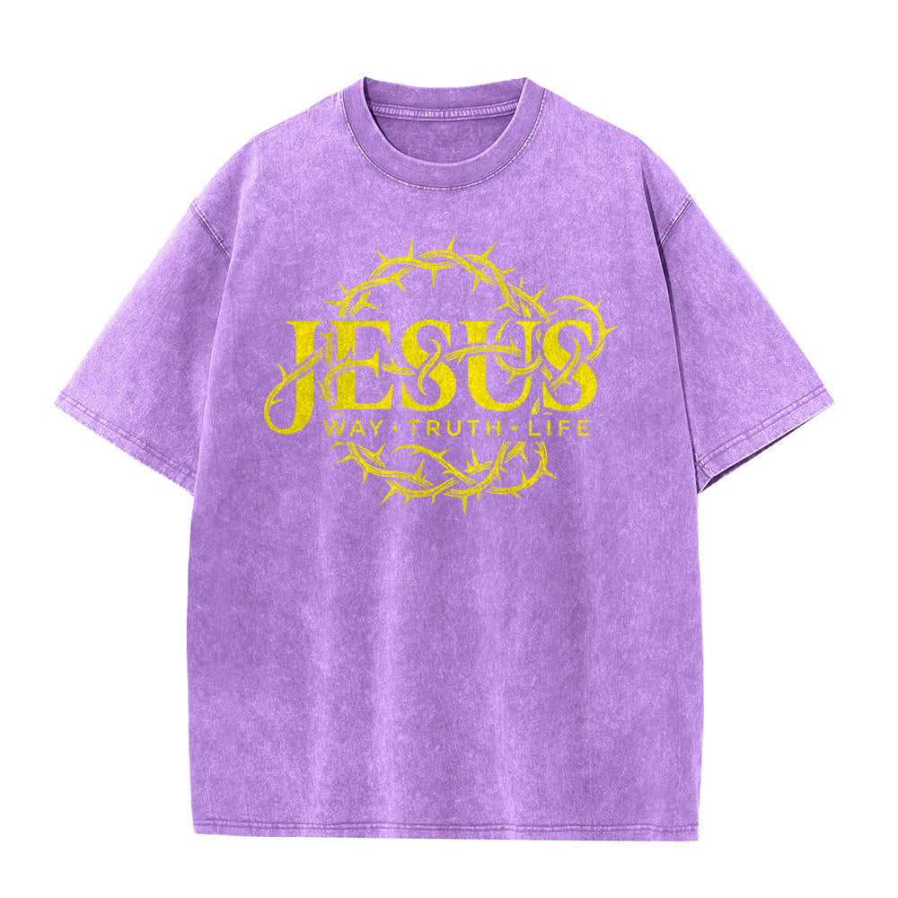 Christianartworkshop Jesus Way Truth Life Crown Of Thorns Circular Graphic Washed Unisex T-Shirt - image 23