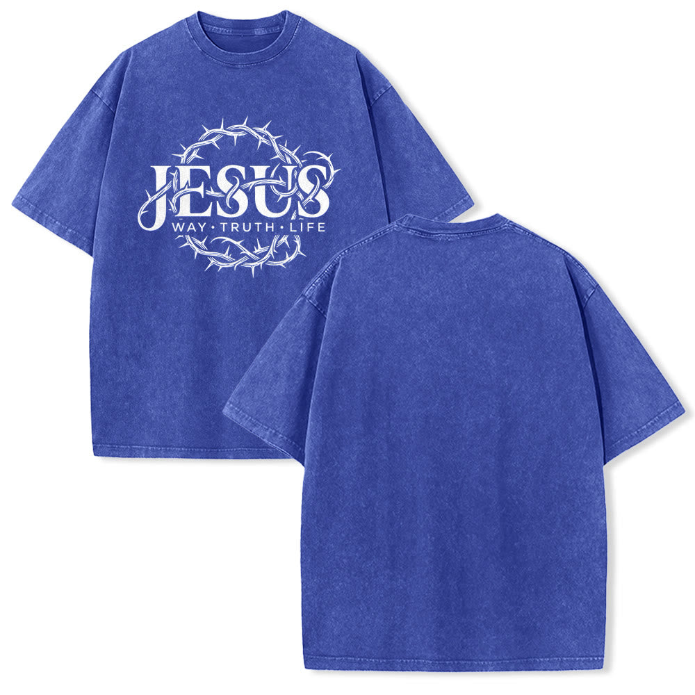Christianartworkshop Jesus Way Truth Life Crown Of Thorns Circular Graphic Washed Unisex T-Shirt - Blue - 5XL - image 25