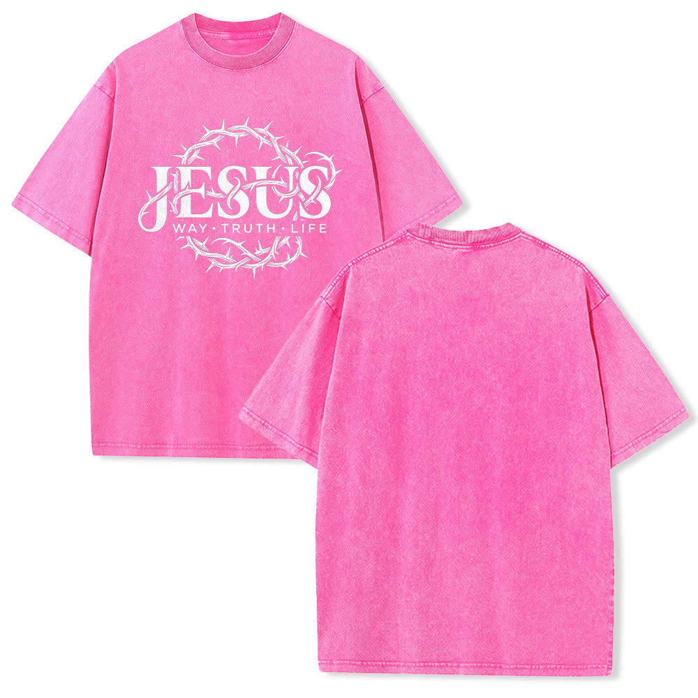 Christianartworkshop Jesus Way Truth Life Crown Of Thorns Circular Graphic Washed Unisex T-Shirt - Pink - 5XL - image 19