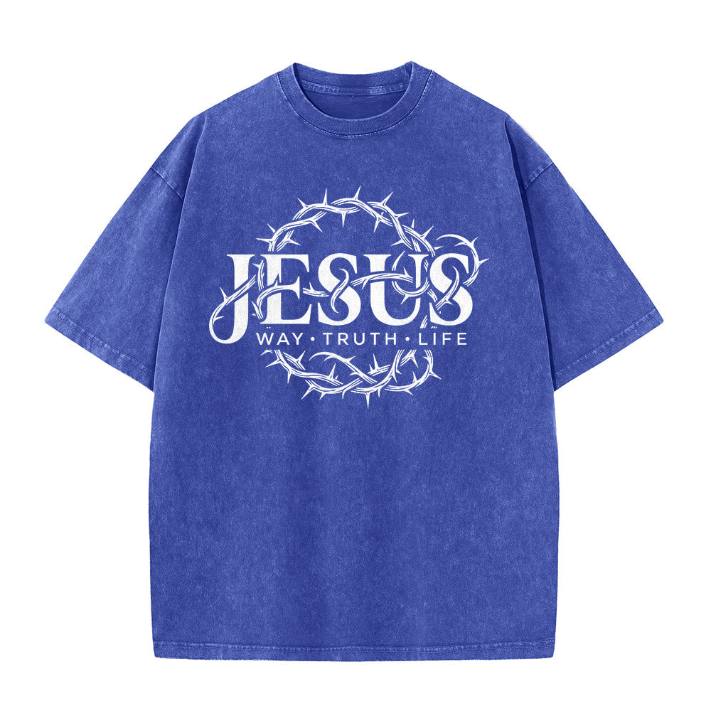 Christianartworkshop Jesus Way Truth Life Crown Of Thorns Circular Graphic Washed Unisex T-Shirt - image 26