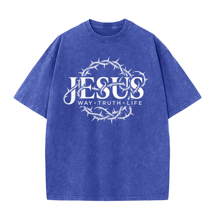 Christianartworkshop Jesus Way Truth Life Crown Of Thorns Circular Graphic Washed Unisex T-Shirt - image 26