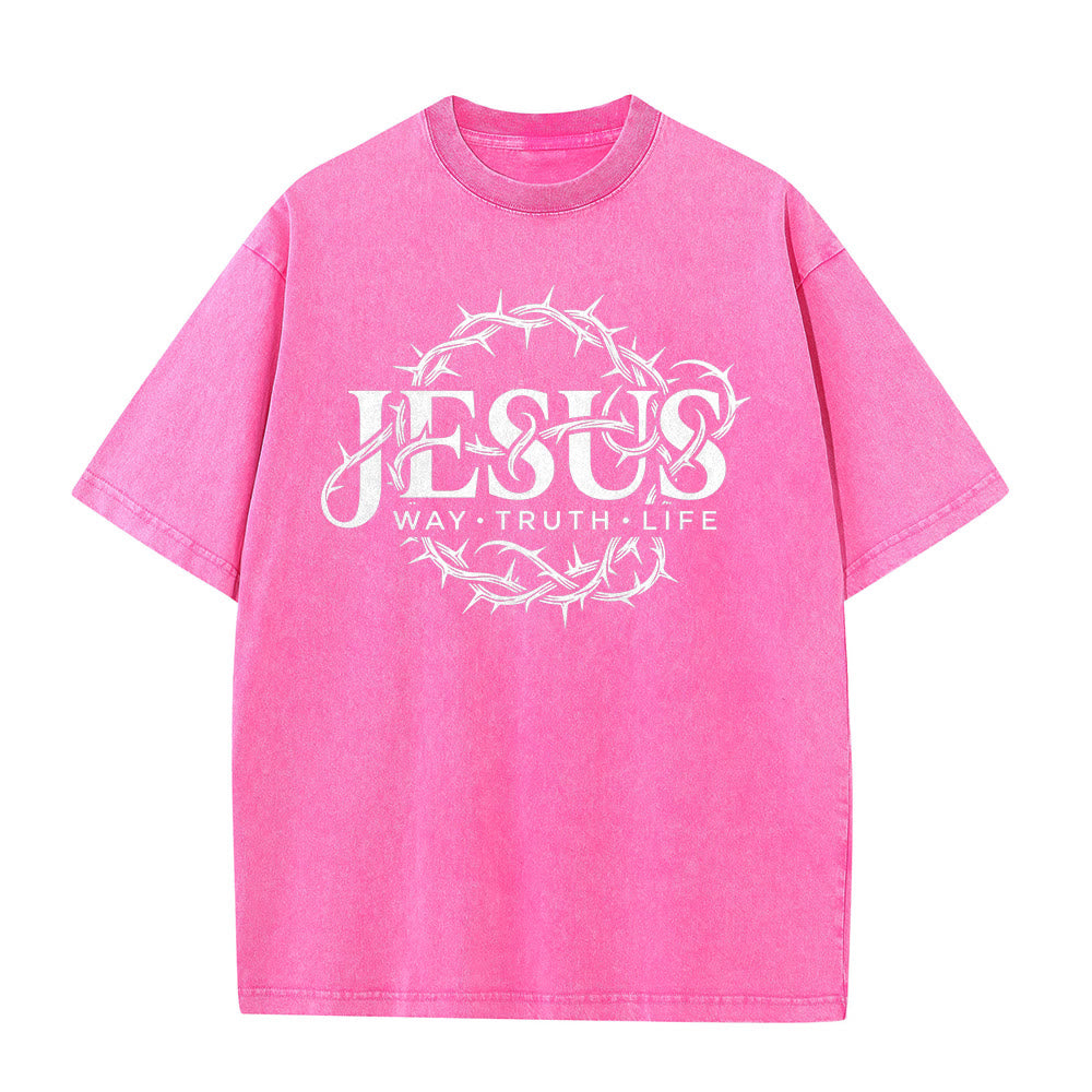 Christianartworkshop Jesus Way Truth Life Crown Of Thorns Circular Graphic Washed Unisex T-Shirt - image 20