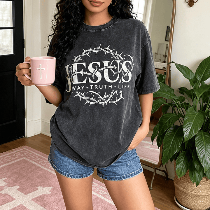 Christianartworkshop Jesus Way Truth Life Crown Of Thorns Circular Graphic Washed Unisex T-Shirt - image 0