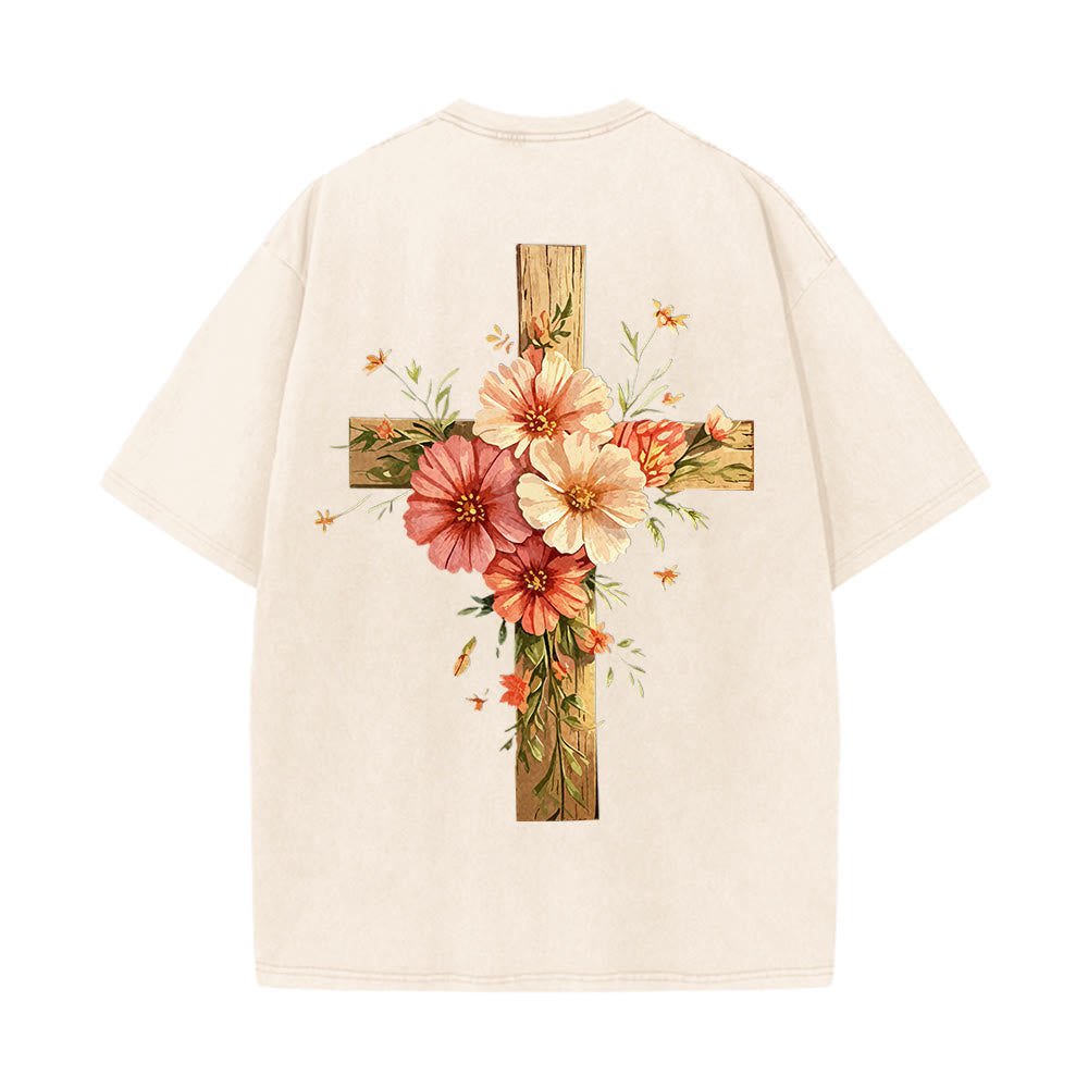 Christianartworkshop Jesus Is The Light Double Sided Floral Cross Graphic Washed Unisex T-Shirt - image 18