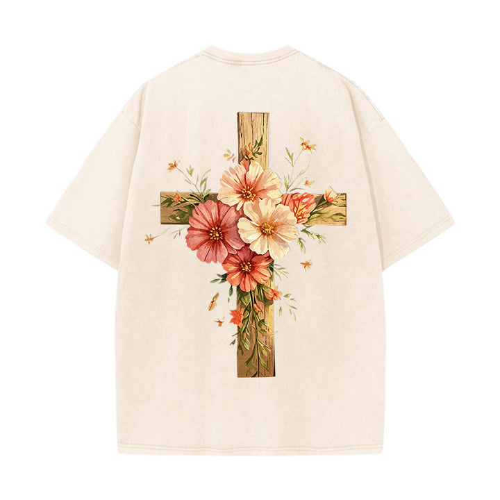 Christianartworkshop Jesus Is The Light Double Sided Floral Cross Graphic Washed Unisex T-Shirt - image 18
