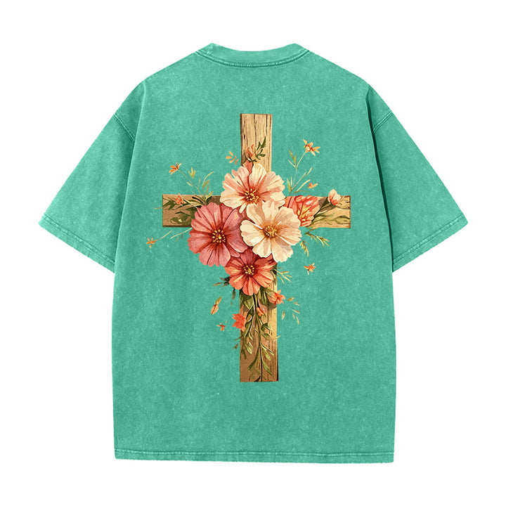 Christianartworkshop Jesus Is The Light Double Sided Floral Cross Graphic Washed Unisex T-Shirt - image 12