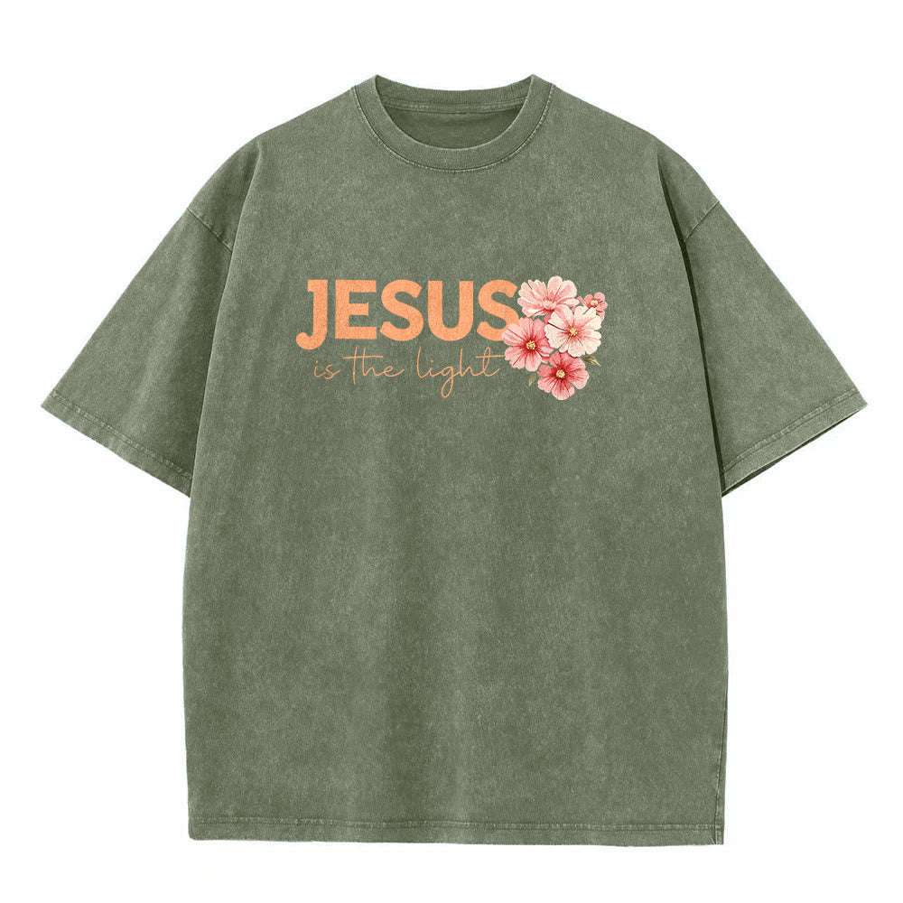Christianartworkshop Jesus Is The Light Double Sided Floral Cross Graphic Washed Unisex T-Shirt - image 8