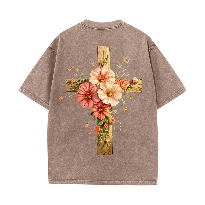 Christianartworkshop Jesus Is The Light Double Sided Floral Cross Graphic Washed Unisex T-Shirt - image 15