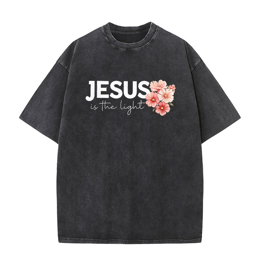 Christianartworkshop Jesus Is The Light Double Sided Floral Cross Graphic Washed Unisex T-Shirt - image 2
