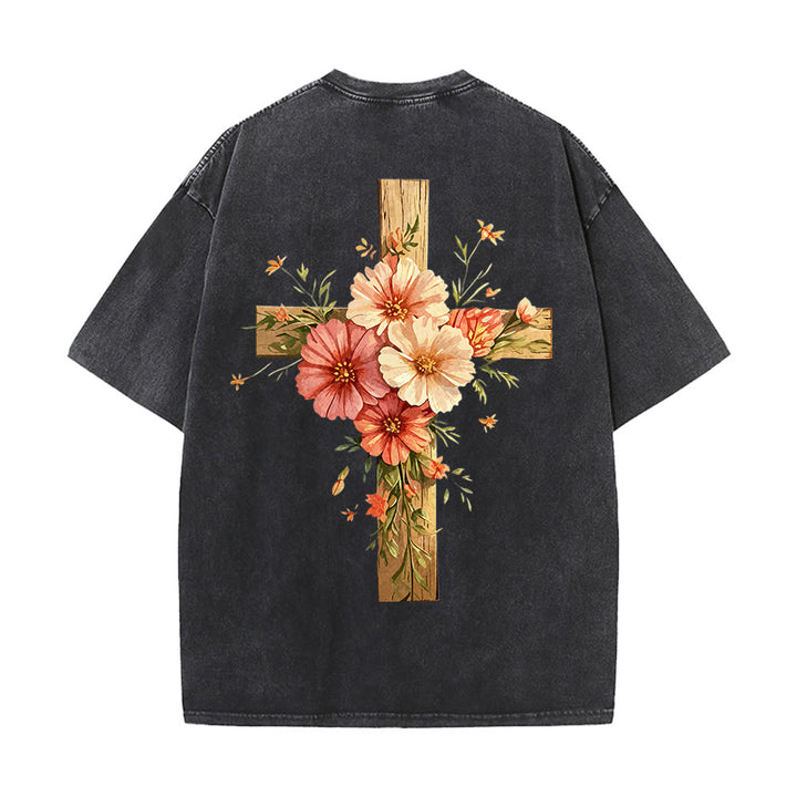 Christianartworkshop Jesus Is The Light Double Sided Floral Cross Graphic Washed Unisex T-Shirt - image 3