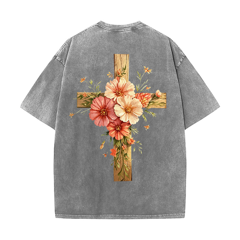 Christianartworkshop Jesus Is The Light Double Sided Floral Cross Graphic Washed Unisex T-Shirt - image 6