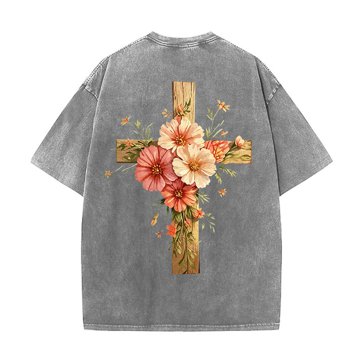 Christianartworkshop Jesus Is The Light Double Sided Floral Cross Graphic Washed Unisex T-Shirt - image 6