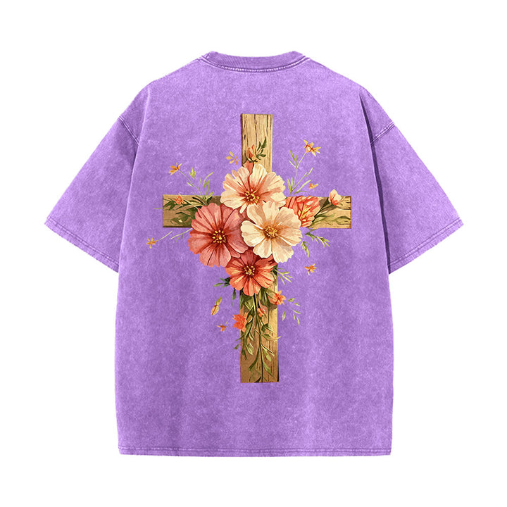 Christianartworkshop Jesus Is The Light Double Sided Floral Cross Graphic Washed Unisex T-Shirt - image 24