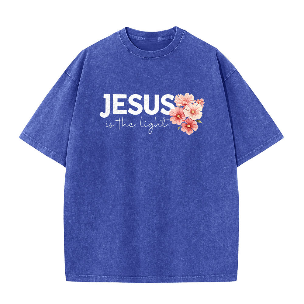 Christianartworkshop Jesus Is The Light Double Sided Floral Cross Graphic Washed Unisex T-Shirt - image 26