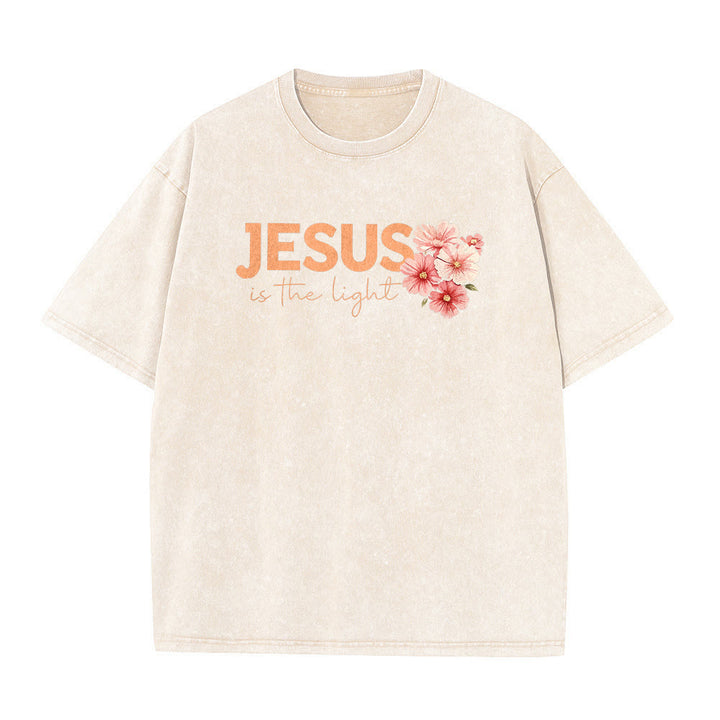 Christianartworkshop Jesus Is The Light Double Sided Floral Cross Graphic Washed Unisex T-Shirt - image 17
