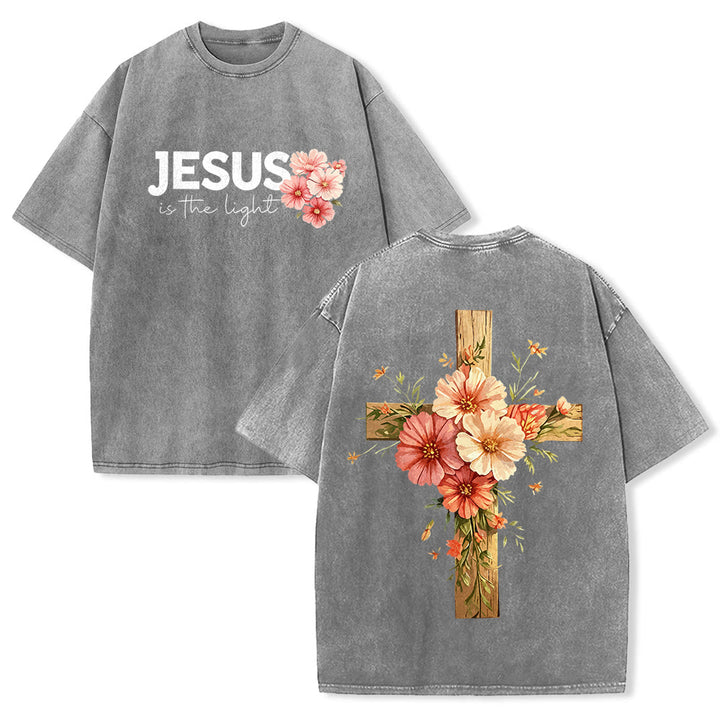Christianartworkshop Jesus Is The Light Double Sided Floral Cross Graphic Washed Unisex T-Shirt - Grey - 5XL - image 4