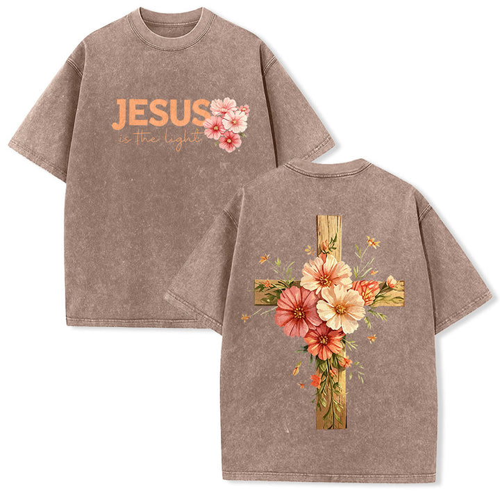 Christianartworkshop Jesus Is The Light Double Sided Floral Cross Graphic Washed Unisex T-Shirt - Brown - 5XL - image 13