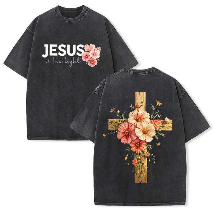 Christianartworkshop Jesus Is The Light Double Sided Floral Cross Graphic Washed Unisex T-Shirt - Black - 5XL - image 1